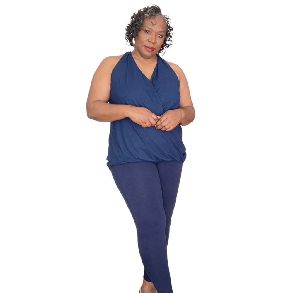 Faux Wrap Sleeveless Top Plus Size 1x 2x 3x Midnight Blue